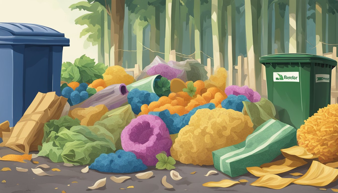 A pile of discarded loofahs sits next to a compost bin, surrounded by other biodegradable items like fruit peels and paper bags