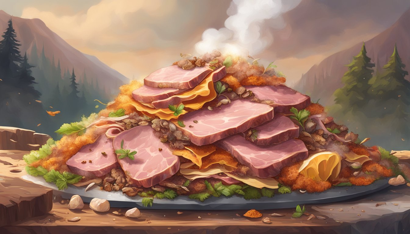 A pile of lunch meat surrounded by decomposing organic matter, emitting heat and steam