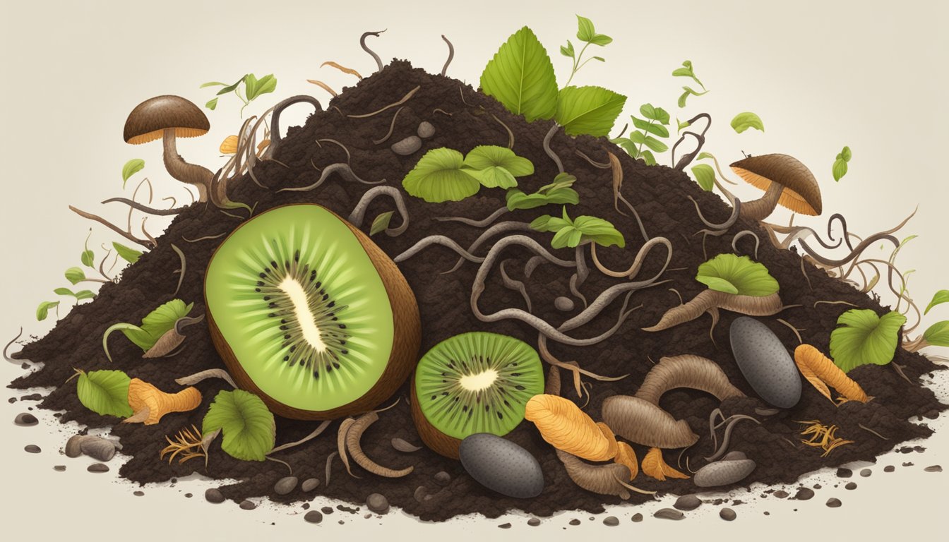 A pile of compost with kiwi peels and hair, surrounded by earthworms and decomposing organic matter