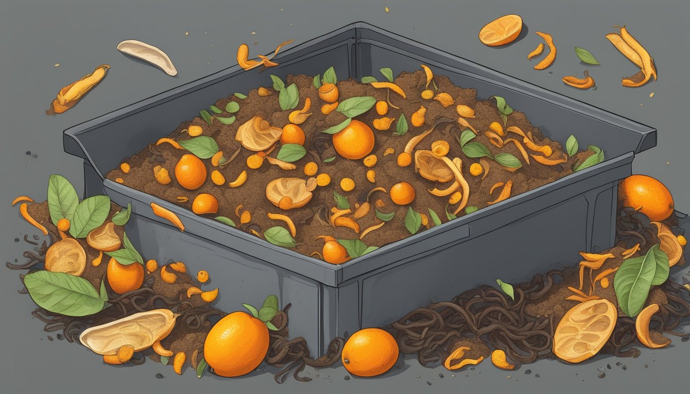 A pile of kumquat peels and other organic waste decomposing in a compost bin, surrounded by earthworms and microorganisms