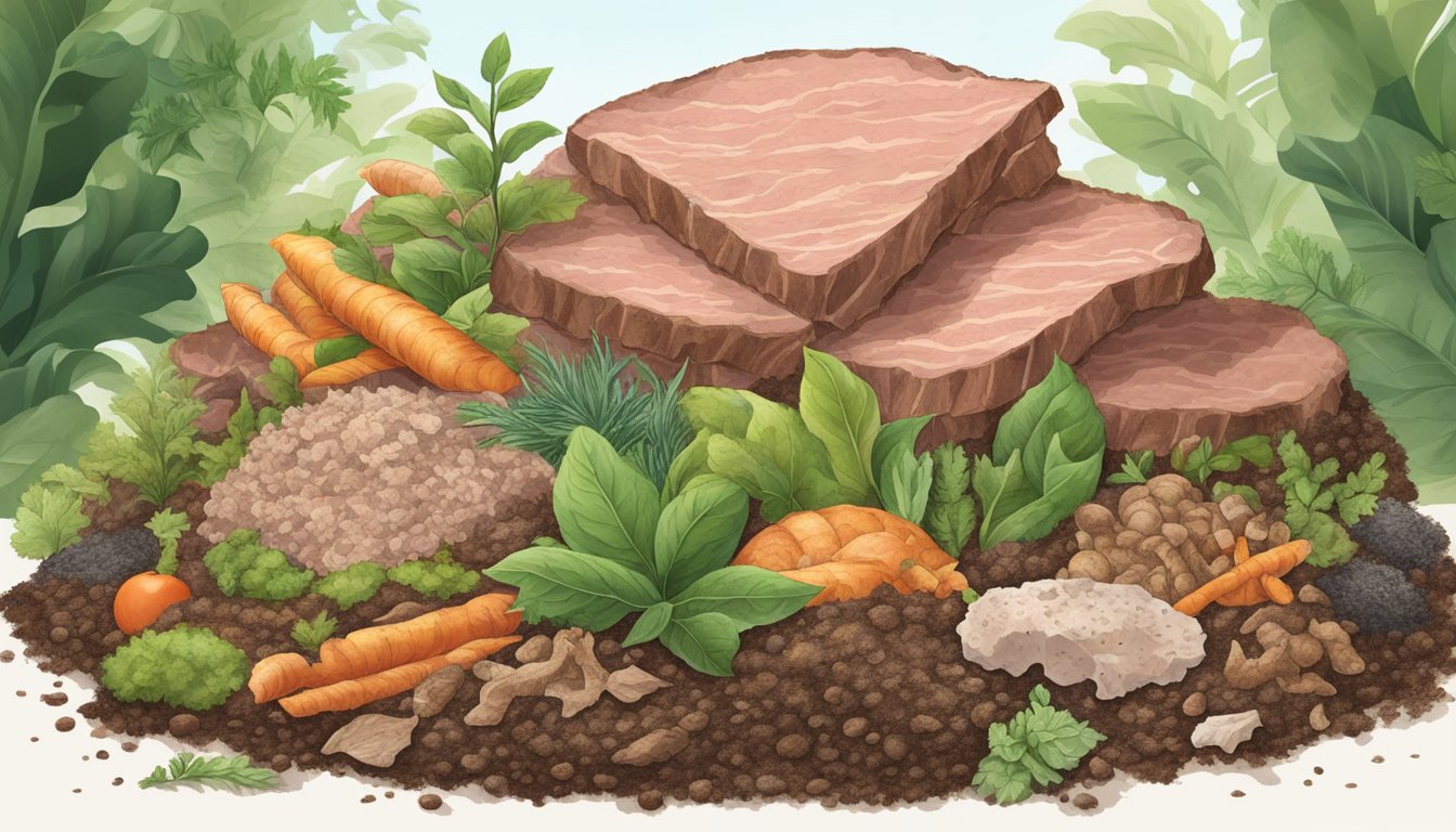 A pile of compostable materials, including lunch meat, breaking down into rich soil, surrounded by decomposing organisms and plant matter