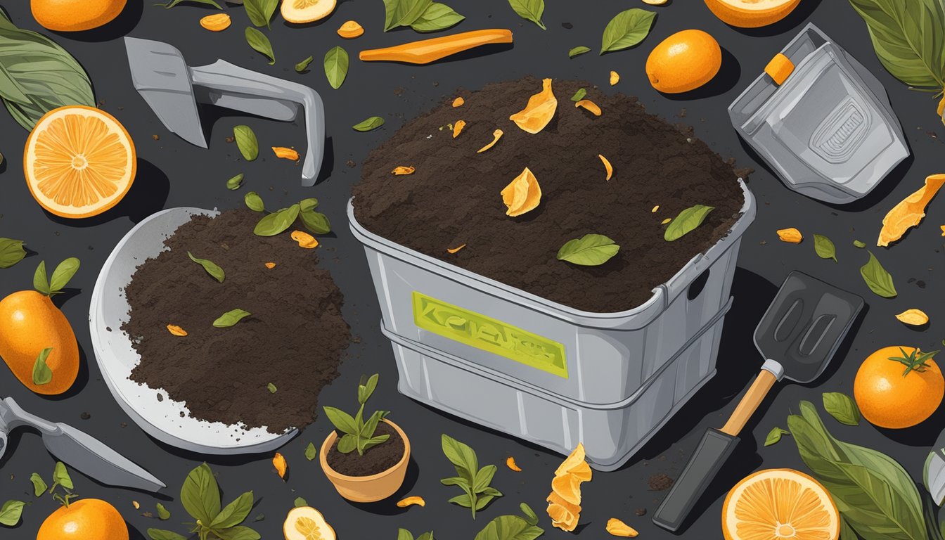 A pile of compost with kumquat peels scattered on top, surrounded by a shovel, gardening gloves, and a mixing bin