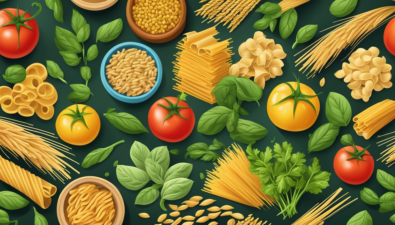 A colorful array of whole wheat and vegetable-based pasta varieties, surrounded by vibrant, fresh ingredients like tomatoes, spinach, and herbs