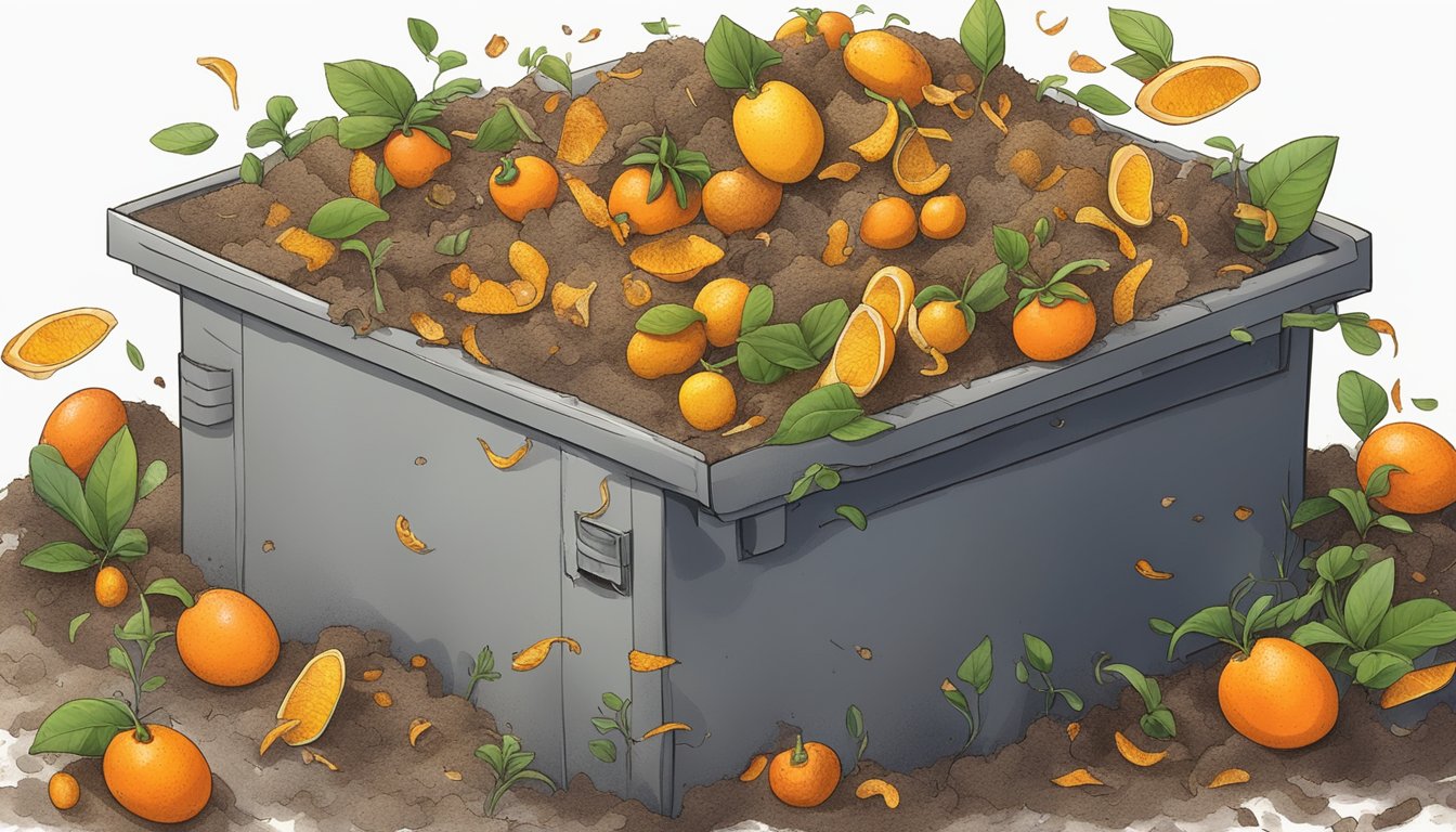 A pile of kumquat peels and other organic waste breaking down in a compost bin, with steam rising and earthworms wriggling