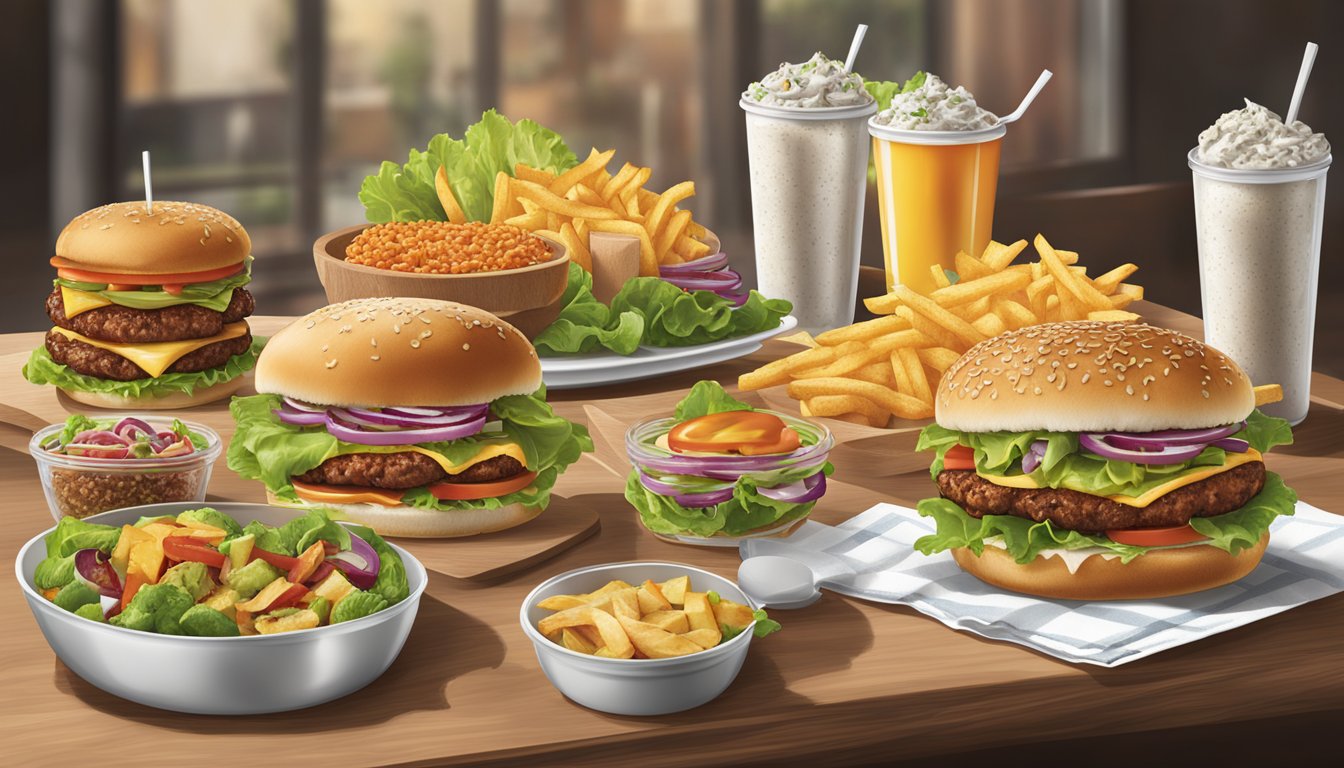 A table set with various healthy burger options from Carl's Jr, including salads and grilled chicken sandwiches