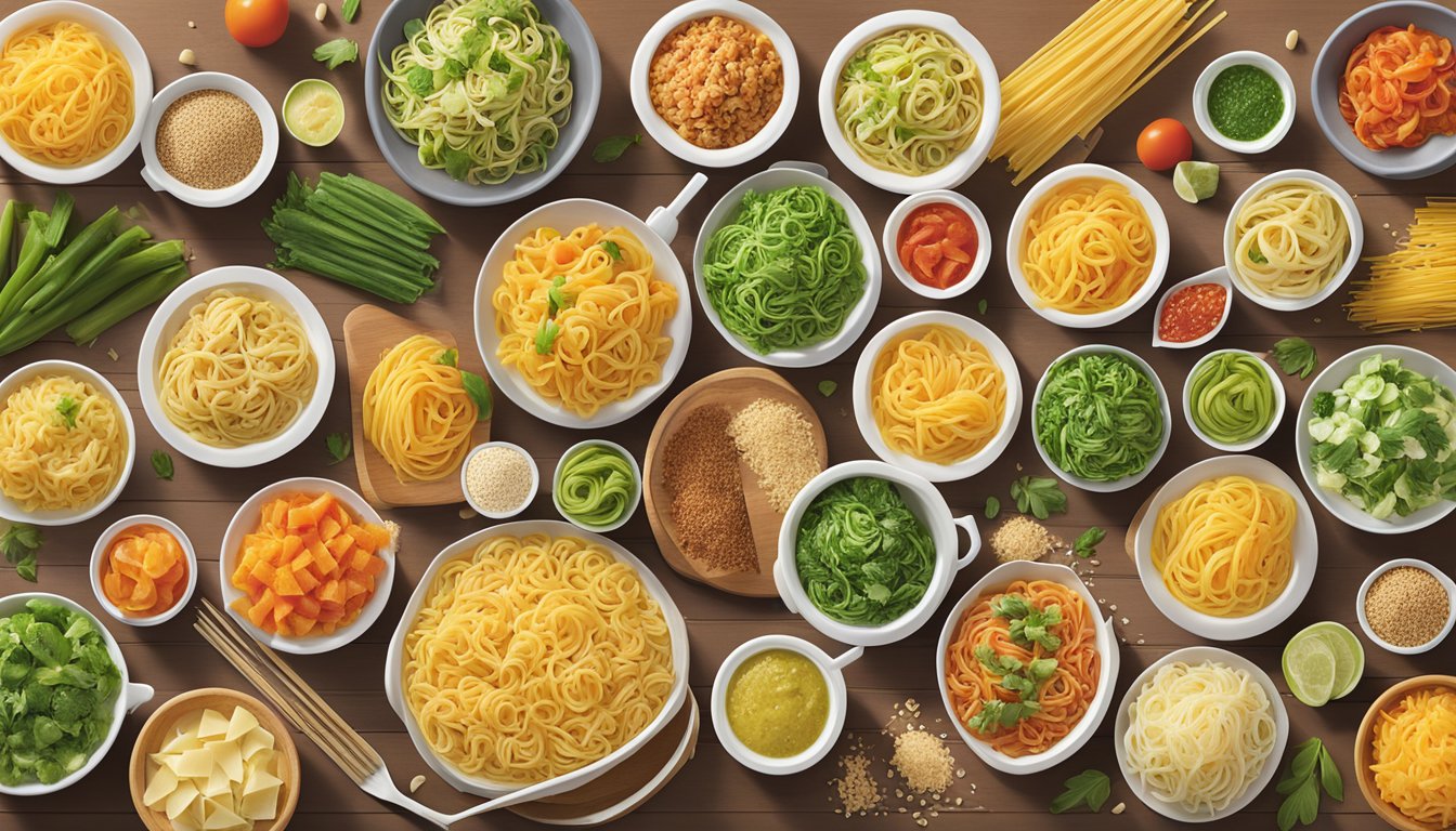 A colorful array of vegetable-based pastas and whole grain options displayed on a clean, modern table at Noodles and Company