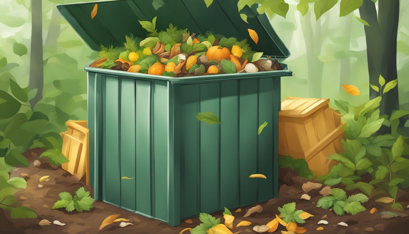 A compost bin with latex paint cans and organic materials like leaves and food scraps