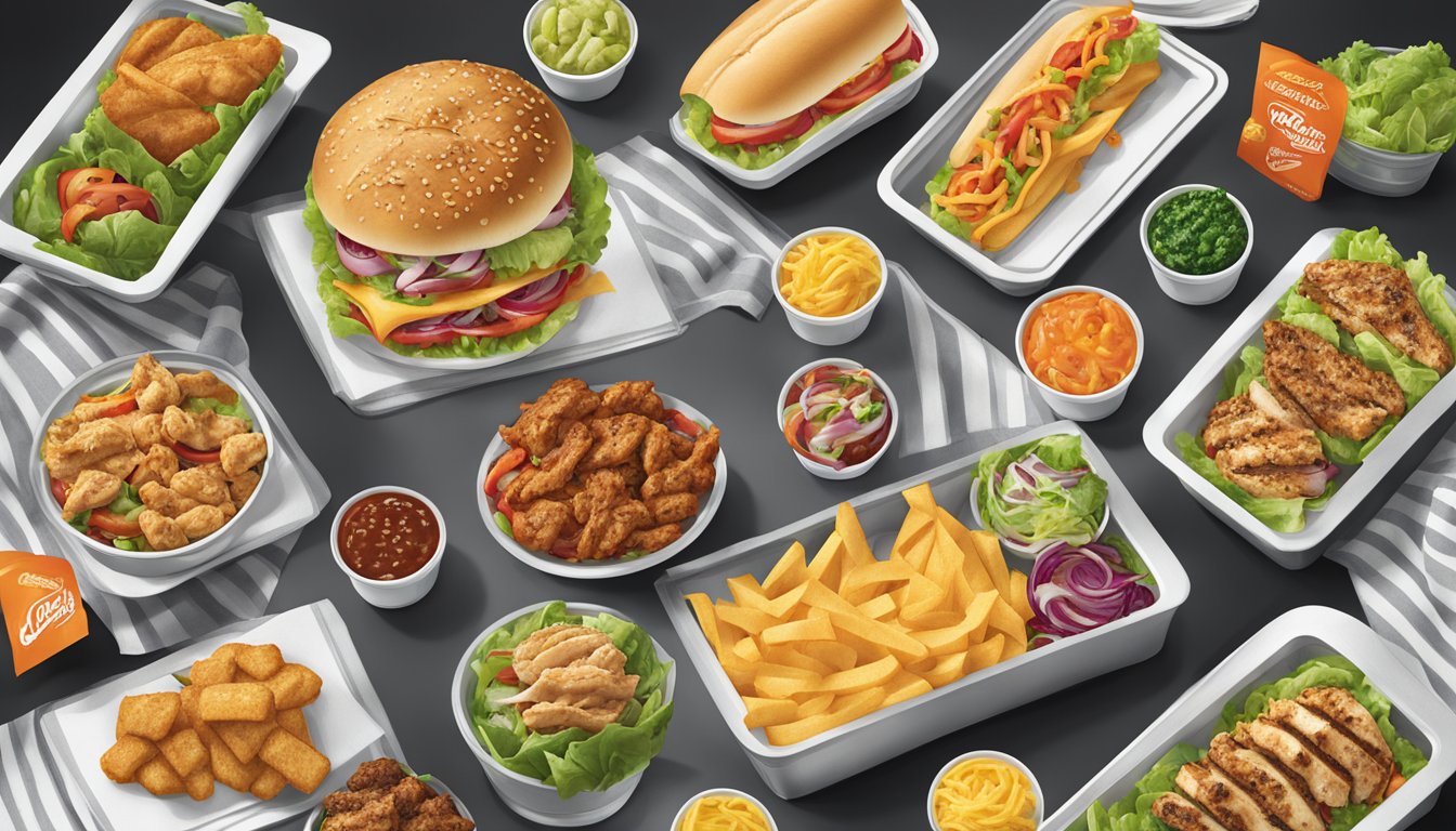 A table with a variety of healthy options from Carl's Jr, including grilled chicken sandwiches and salads