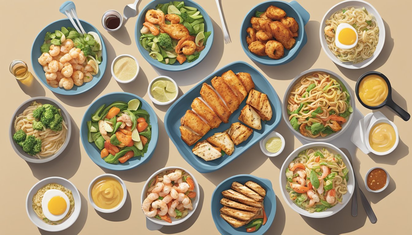 A colorful array of protein options, including grilled chicken, tofu, and shrimp, displayed on a clean and modern counter at Noodles and Company