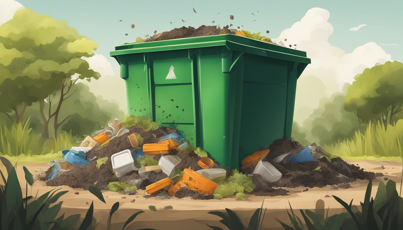 An open compost bin with latex paint containers surrounded by organic waste and decomposing materials