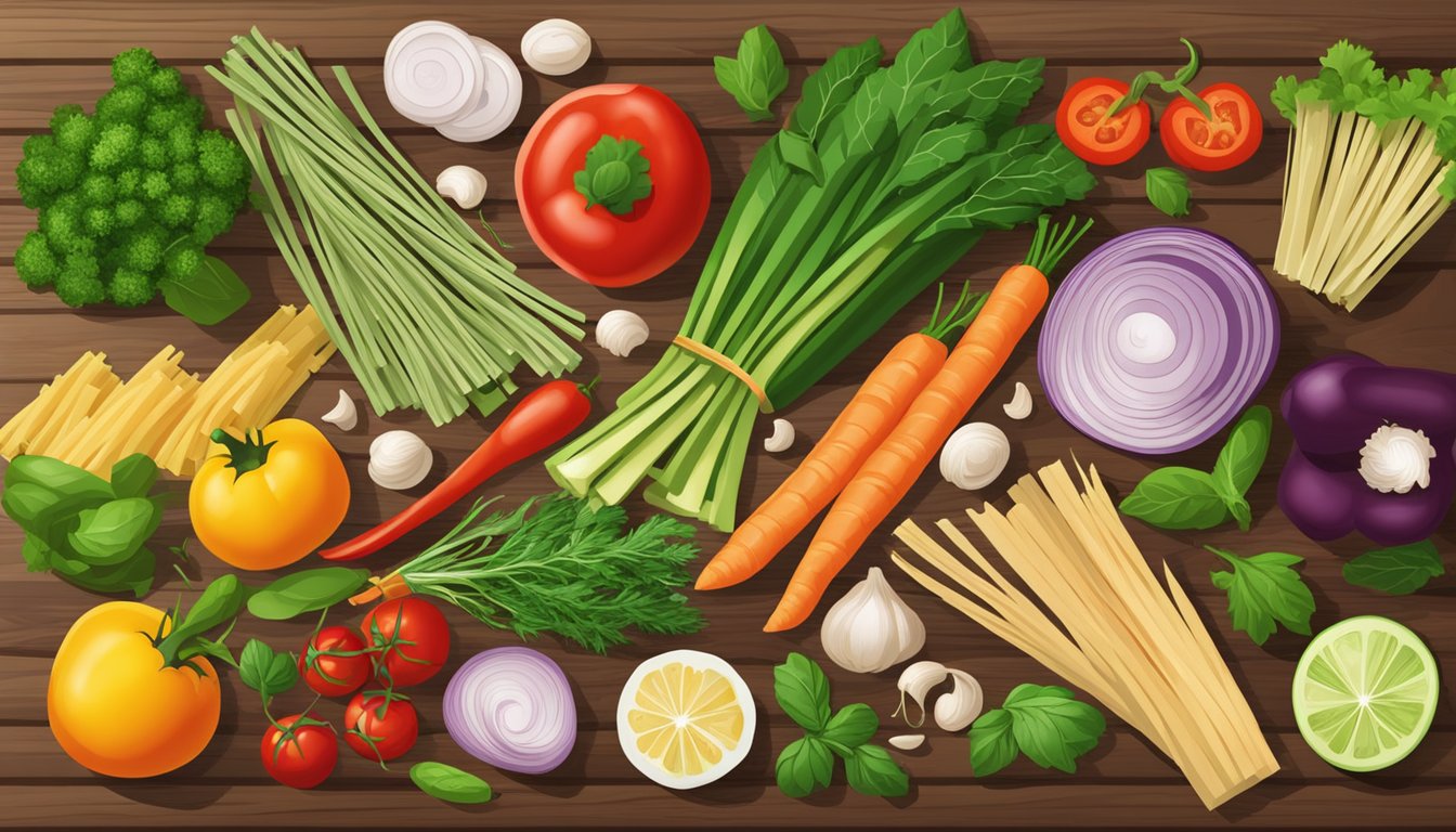 A colorful array of fresh vegetables, whole grain pasta, and herbs arranged on a wooden cutting board