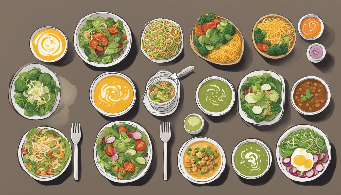 A colorful array of fresh salads and steaming soups on display at Noodles and Company, showcasing healthy dining options