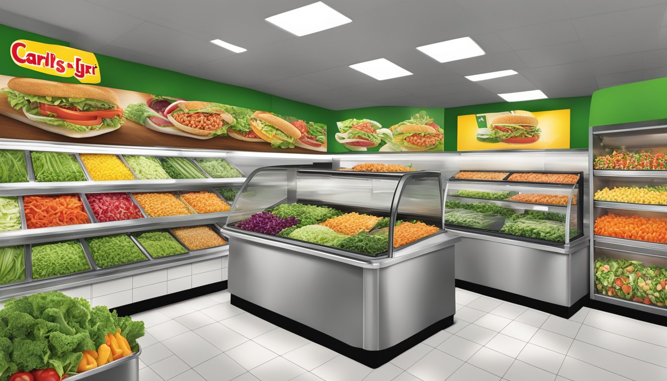 A vibrant display of fresh salads and vegetables at Carl's Jr, showcasing healthy options for customers