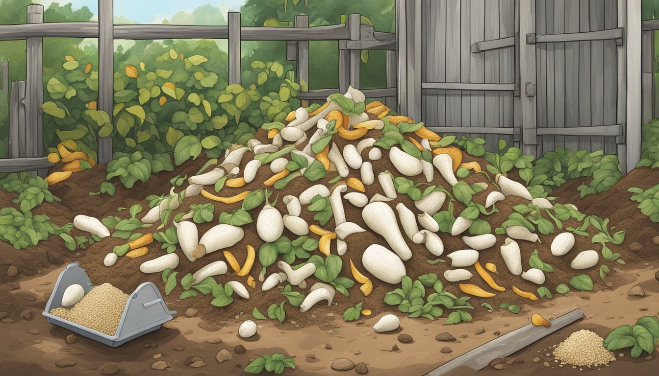 A pile of jicama peels is added to a compost bin, surrounded by other organic waste. Microorganisms break down the material, creating nutrient-rich soil