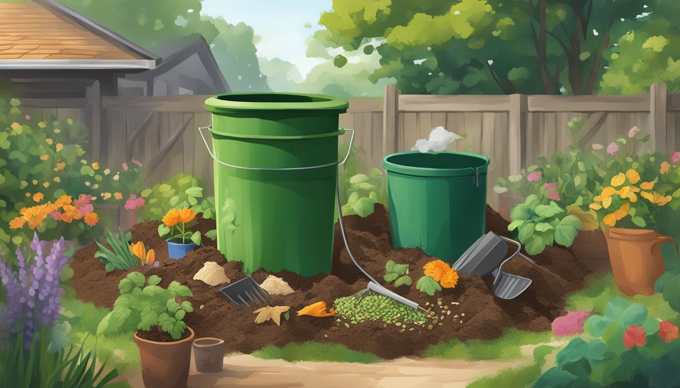 An open compost bin with latex paint being poured into it, surrounded by various organic waste and gardening tools