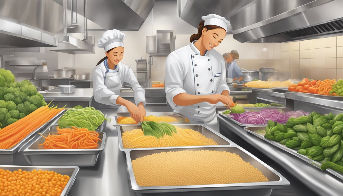 A chef prepares a variety of fresh vegetables, lean proteins, and whole grain noodles in a bustling kitchen at Noodles and Company, catering to various dietary needs