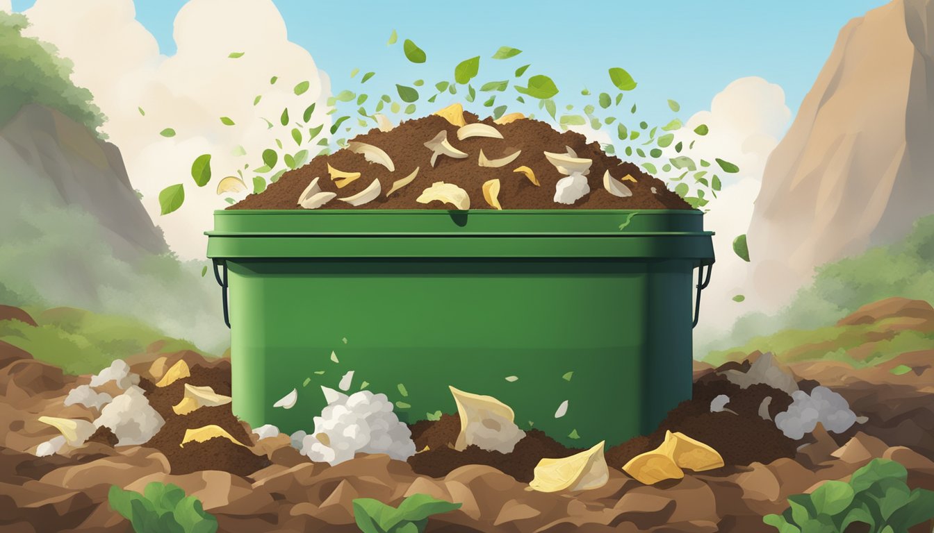 A compost bin with jicama peels piled on top, surrounded by other organic waste. Steam rises from the decomposing pile, indicating active composting