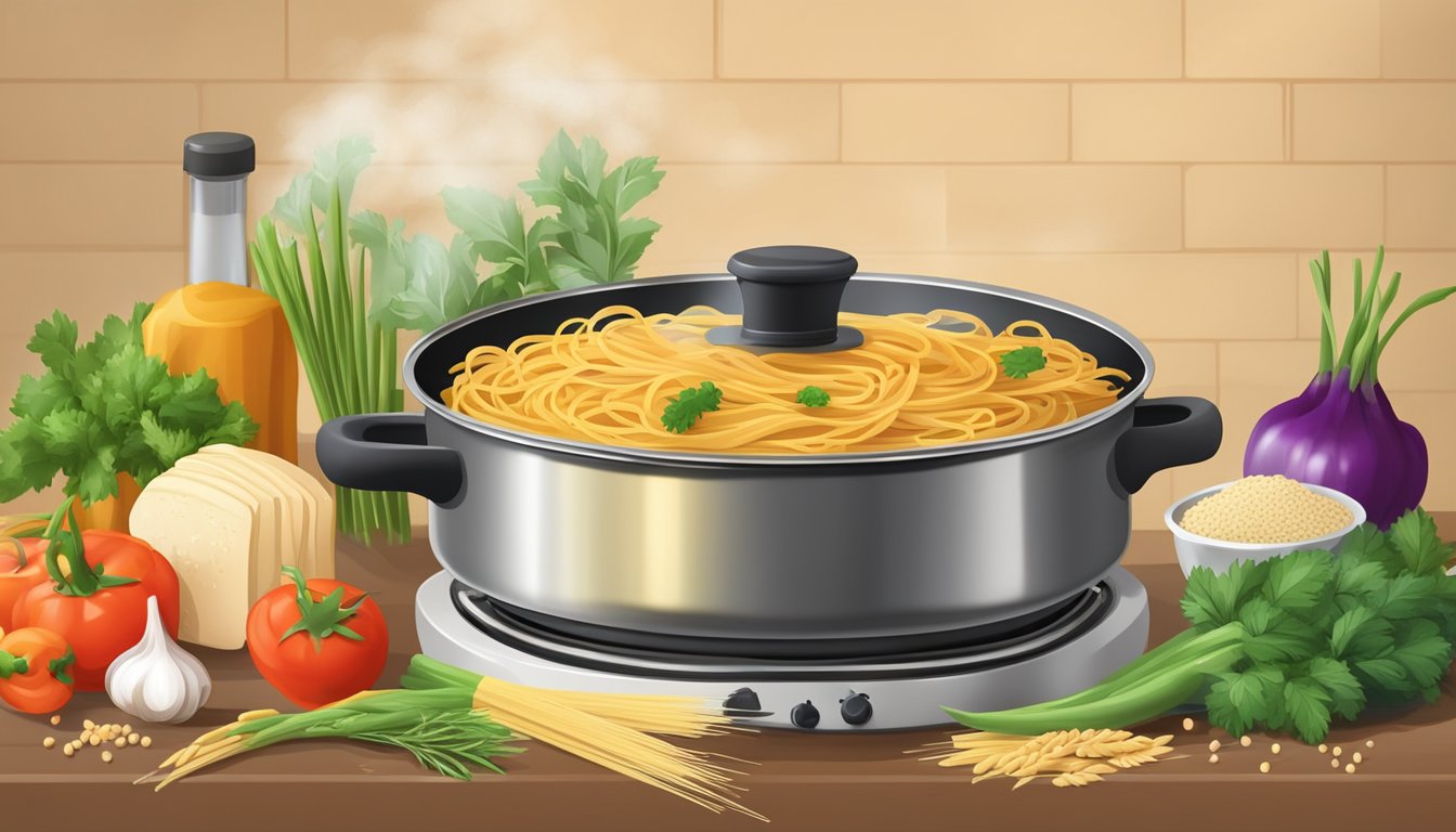 A pot of whole wheat pasta boiling on a stove, surrounded by fresh vegetables and a variety of herbs and spices