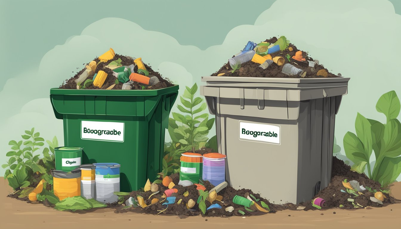 A compost bin with latex paint cans labeled "biodegradable" next to a pile of organic waste