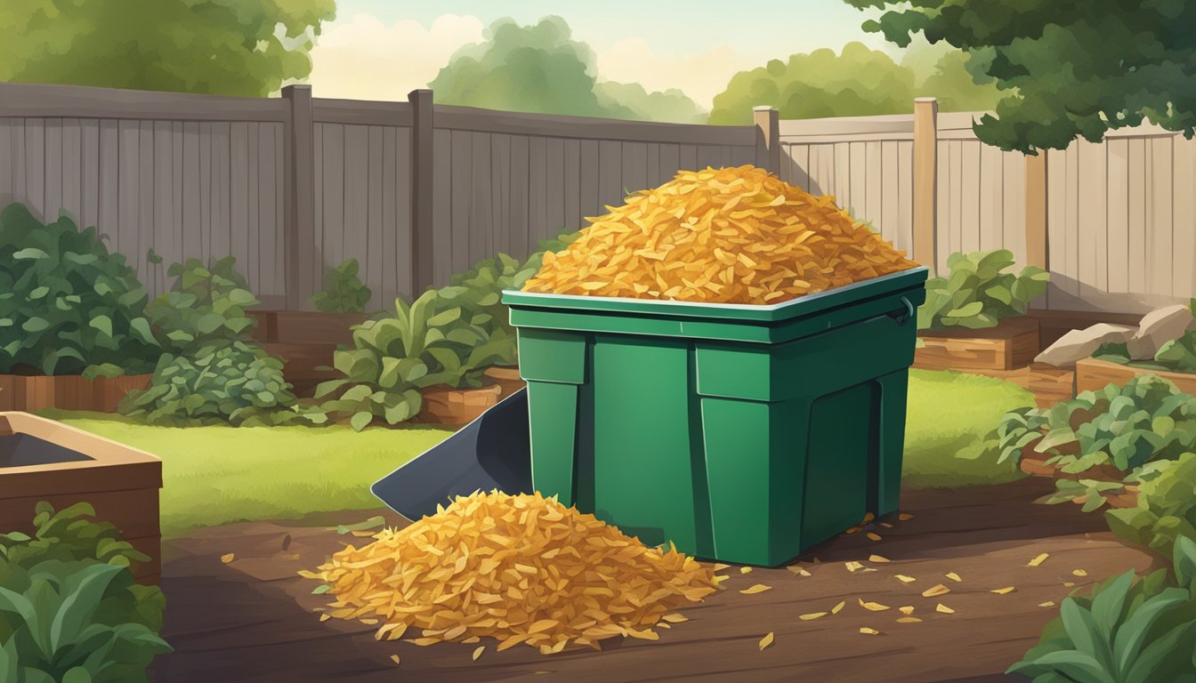 A pile of jicama peels and other organic waste being added to a compost bin in a backyard garden