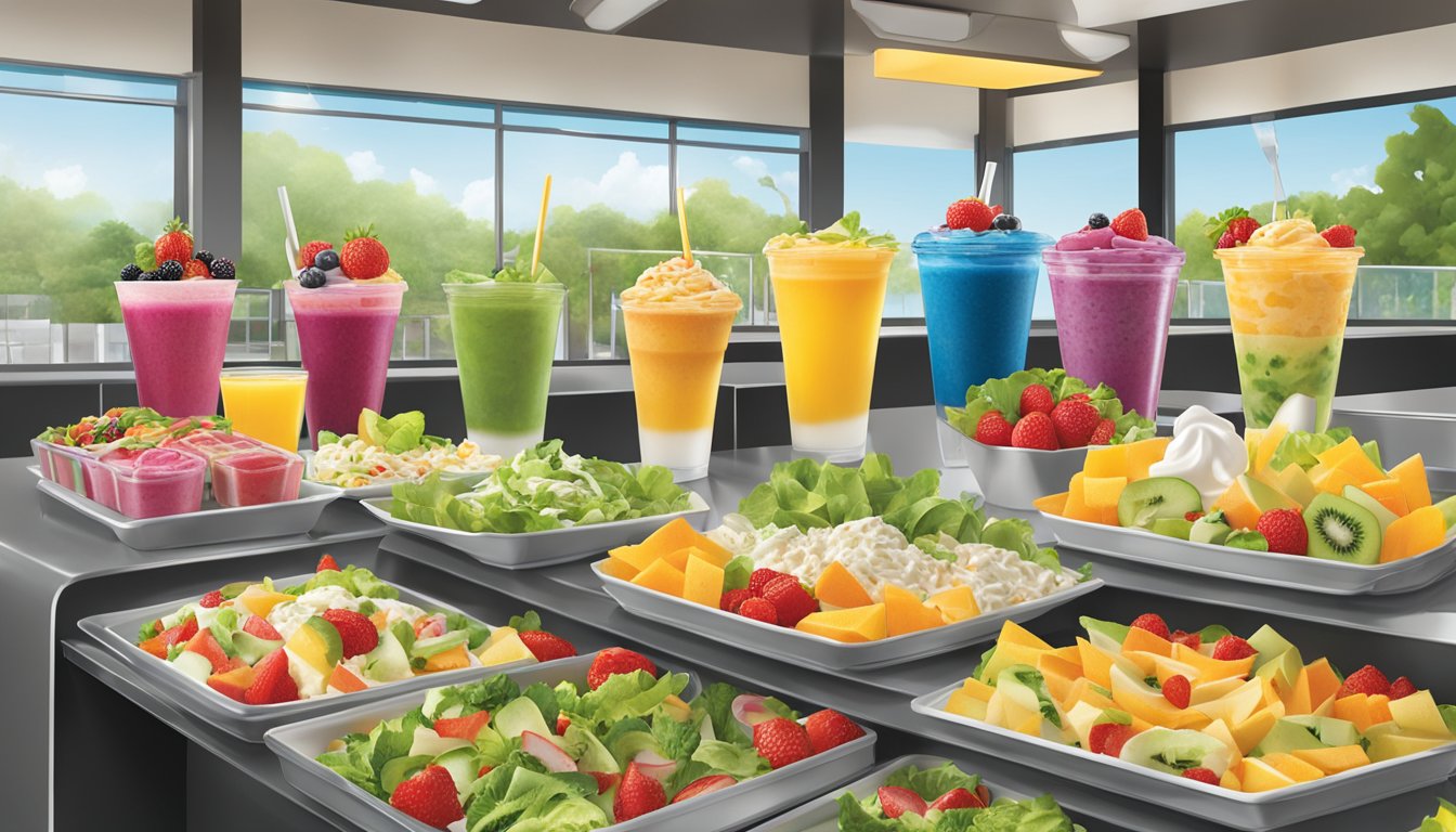 A colorful display of fresh salads, fruit smoothies, and yogurt parfaits at Carl's Jr