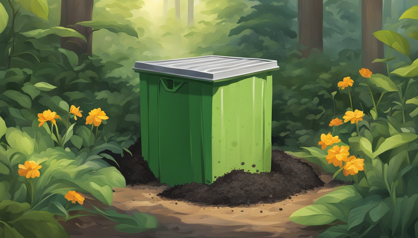 A compost bin filled with organic waste and a discarded latex paint can nearby