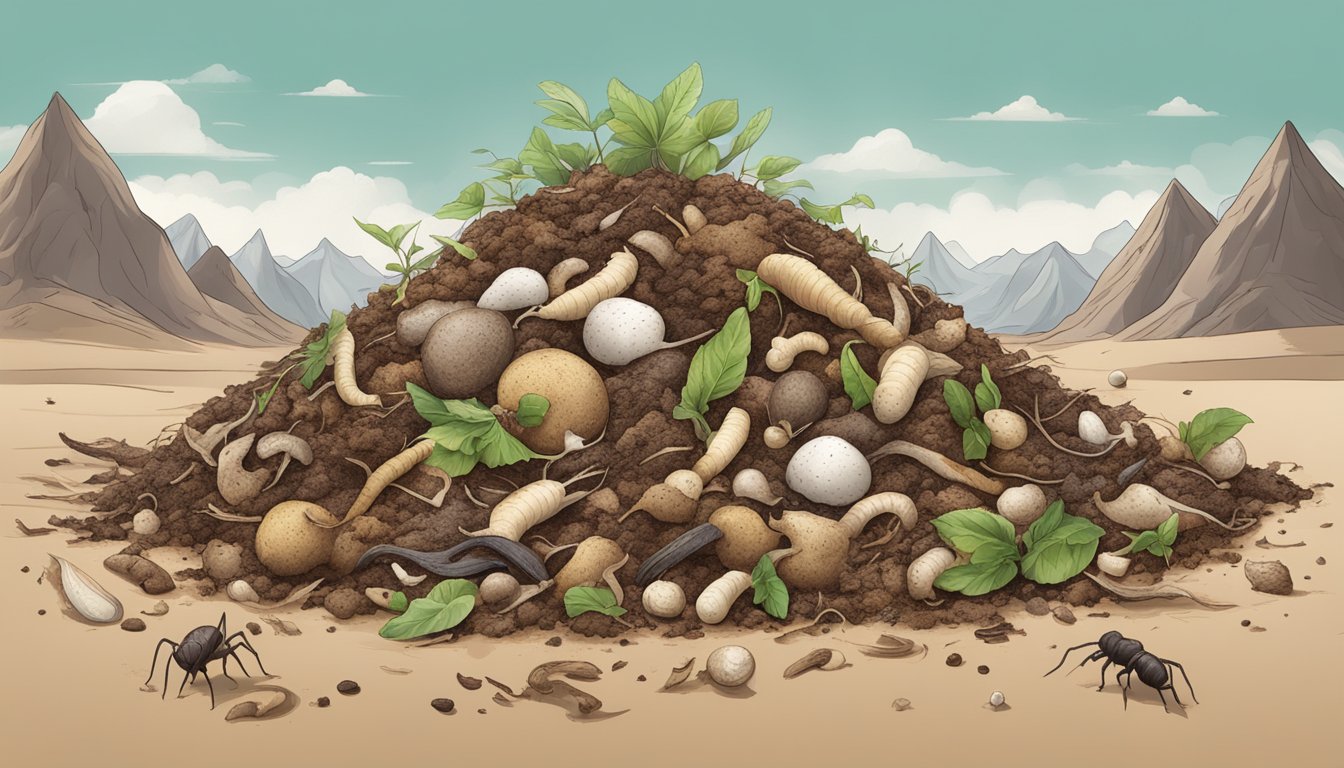 A pile of compostable materials, including jicama peels, surrounded by decomposing organic matter and earthworms