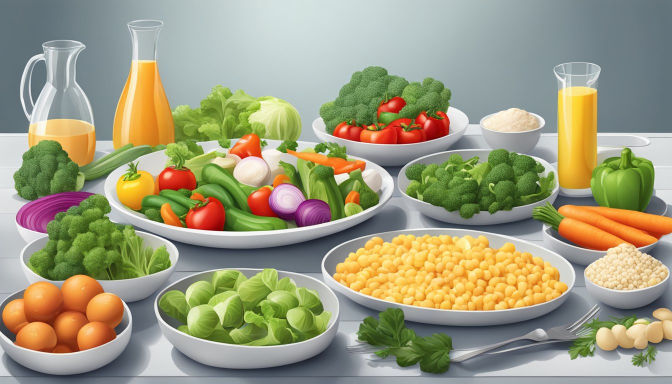 A colorful array of fresh vegetables and lean proteins arranged on a clean, modern table setting