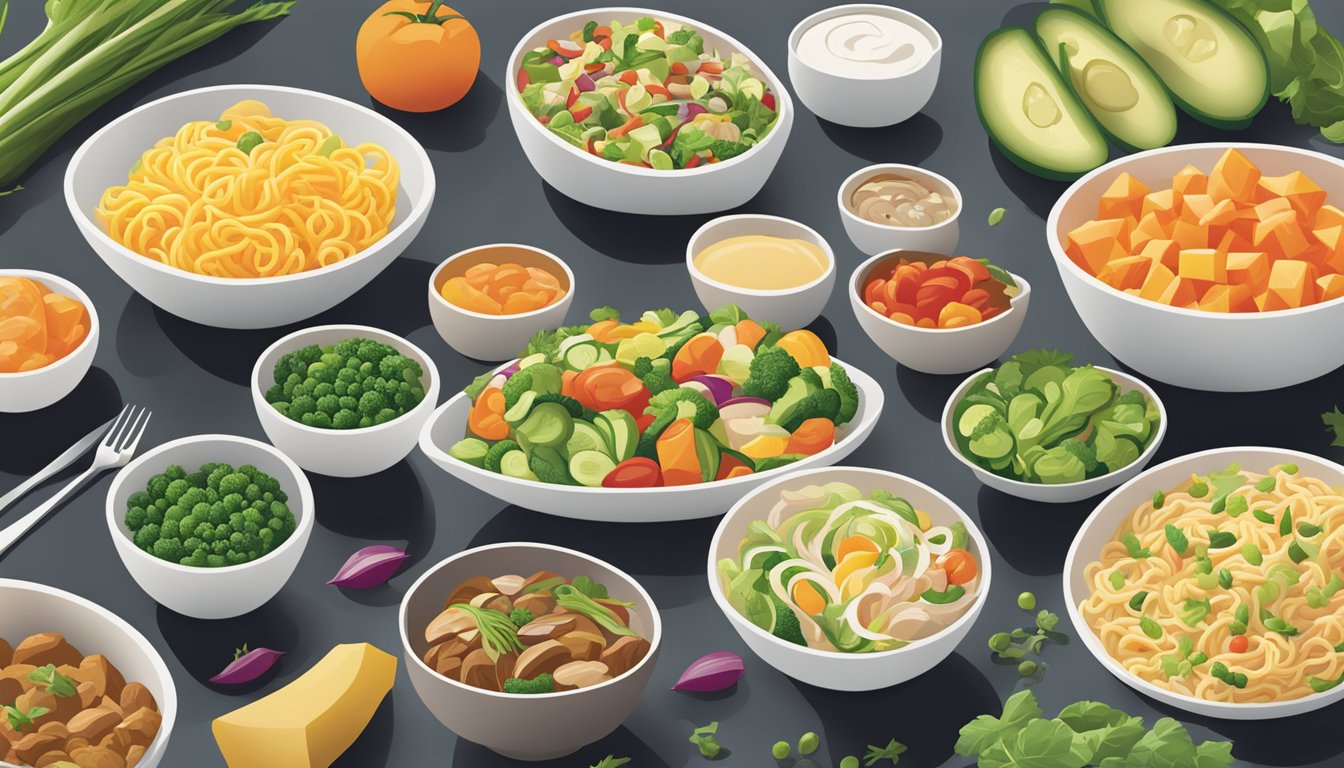 A colorful array of fresh vegetables and lean proteins displayed on a clean, modern table at Noodles and Company