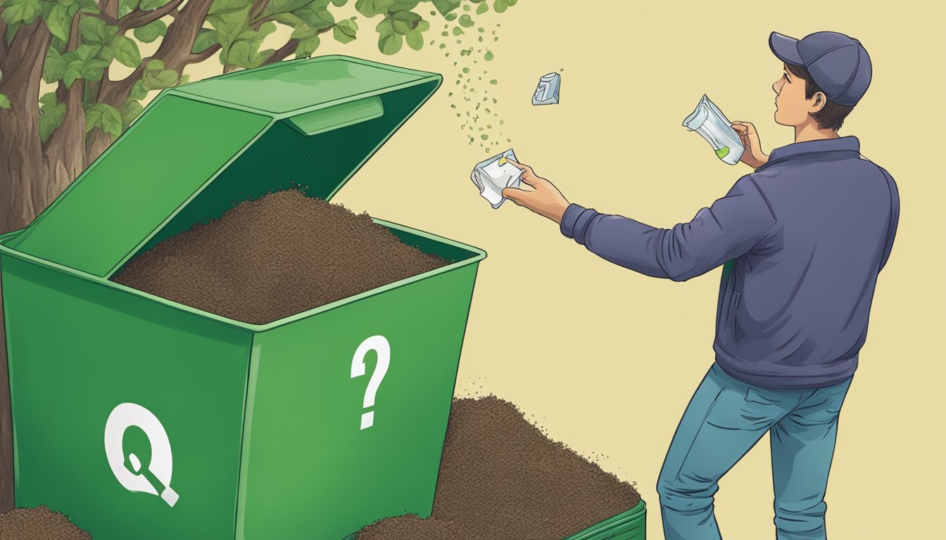 A person tossing a juice box into a compost bin with a question mark above it