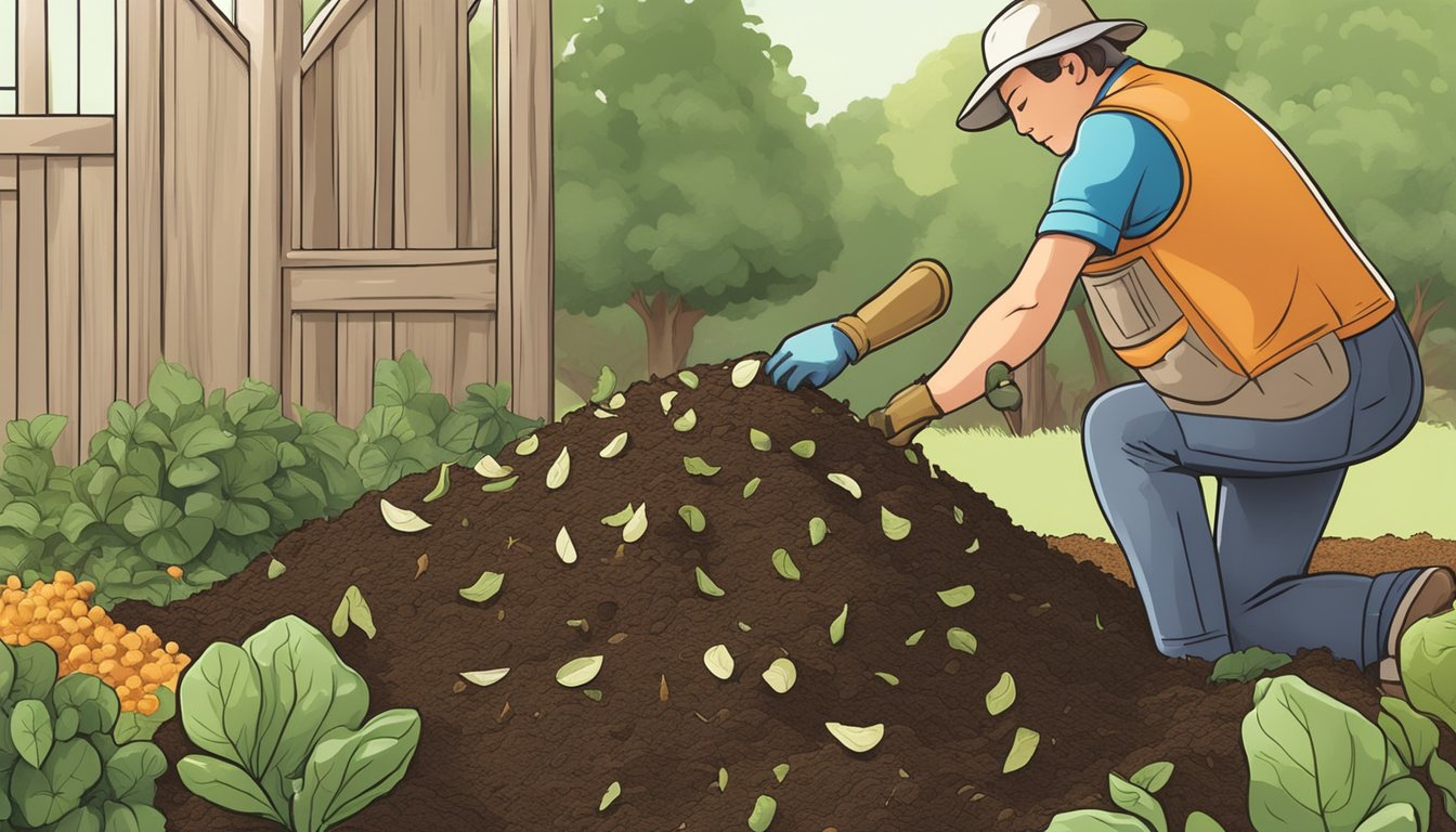 A gardener adds jicama peels to a pile of finished compost, mixing it in with other organic materials to enhance the soil