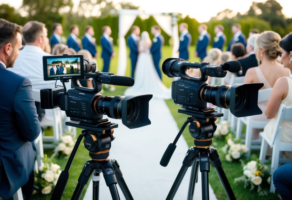 A wedding videographer's camera setup: two high-quality cameras on tripods, one capturing the ceremony, the other focused on close-ups and details