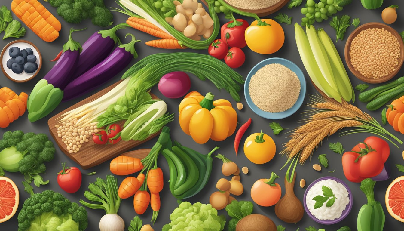 A colorful array of fresh vegetables and fruits arranged around a variety of whole grain and protein options, all neatly displayed on a clean, modern countertop