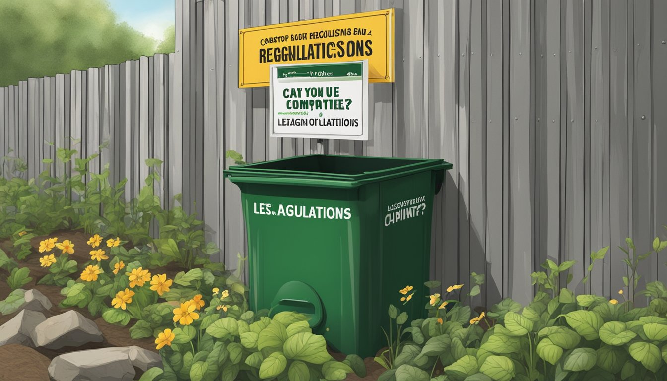 A compost bin with latex paint cans labeled "Legislation and Regulations" next to a sign asking "Can you compost latex paint?"