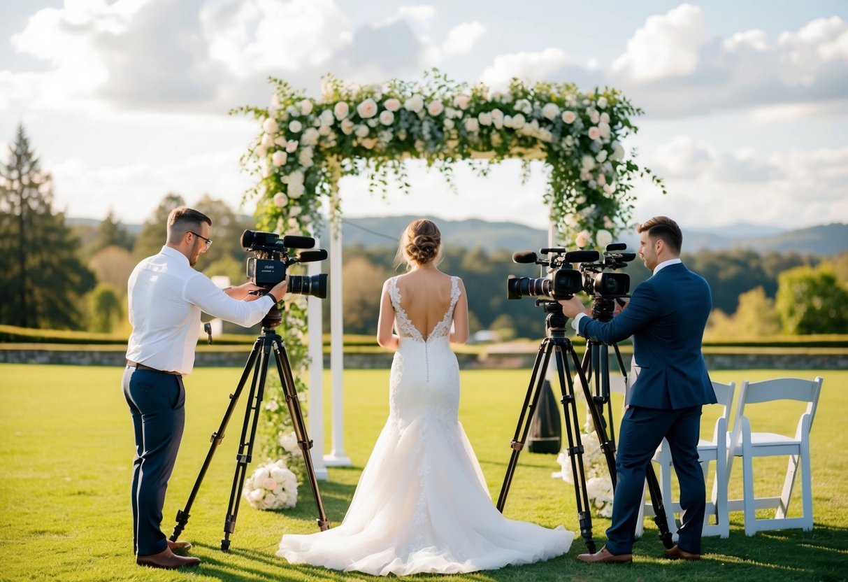 A wedding videographer setting up multiple cameras on tripods in a picturesque outdoor ceremony venue