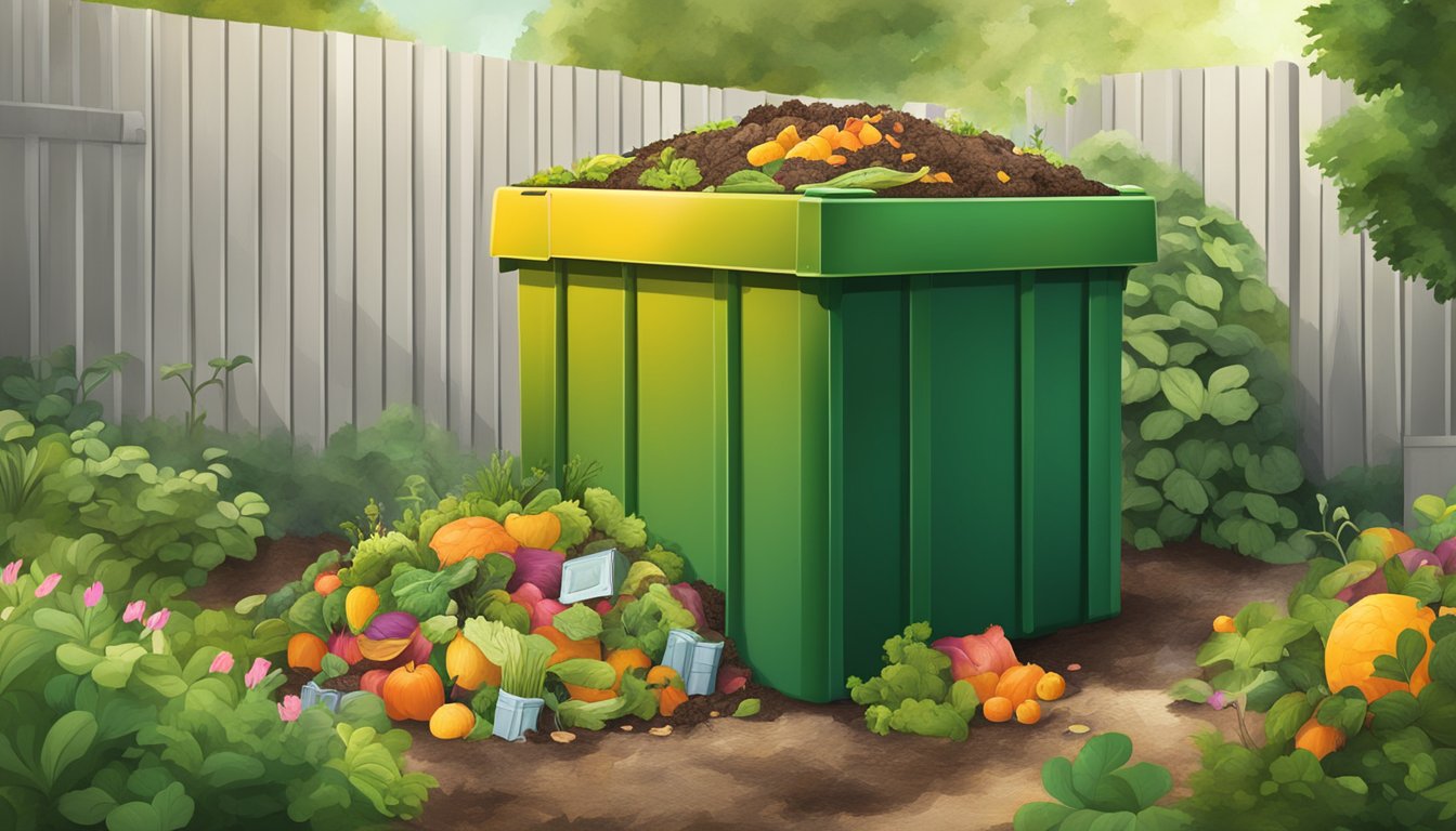 A compost bin filled with organic waste, including juice boxes, surrounded by a lush garden