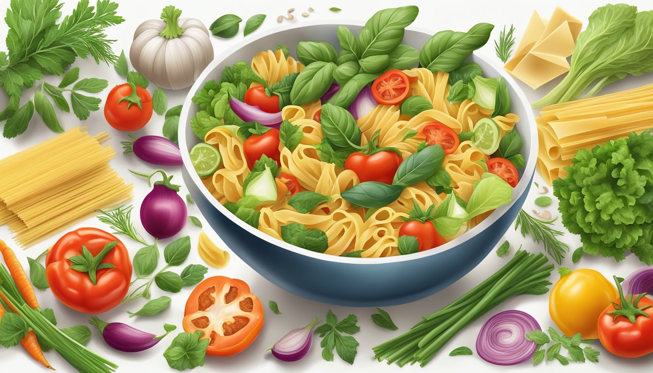 A colorful array of fresh vegetables and herbs surround a steaming bowl of specialty pasta, showcasing healthy and vibrant ingredients