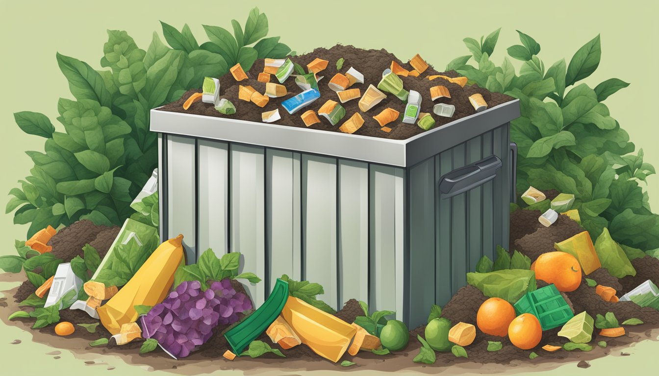 A compost bin filled with juice boxes and other biodegradable waste