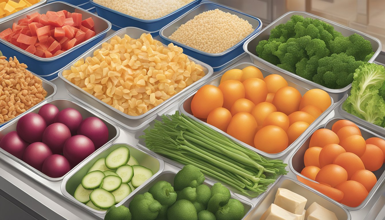 A variety of fresh, colorful vegetables and lean protein options displayed on a clean, well-organized counter at Jersey Mike's