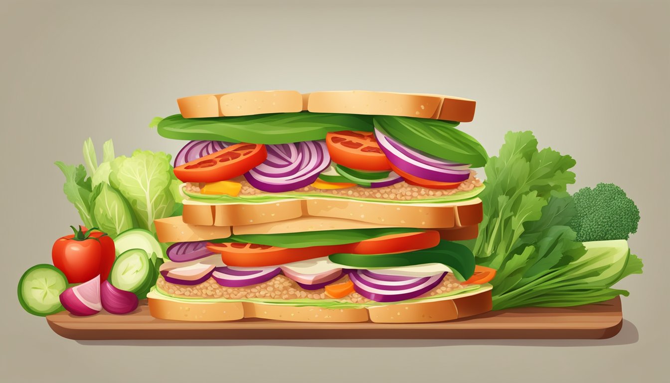 A colorful array of fresh vegetables, lean meats, and whole grain bread, neatly stacked to create a mouthwatering and nutritious sandwich