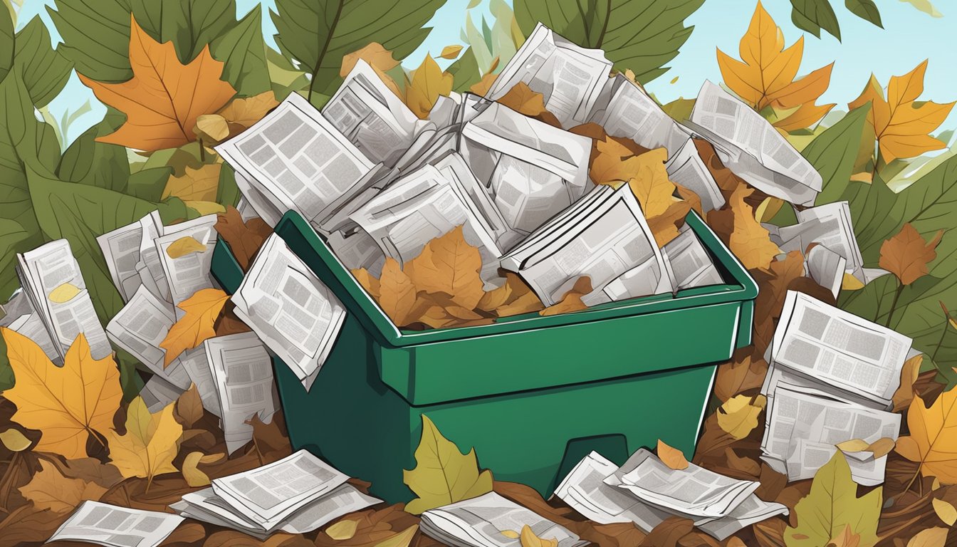 A pile of junk mail envelopes, newspapers, and food scraps sits in a compost bin, surrounded by leaves and twigs