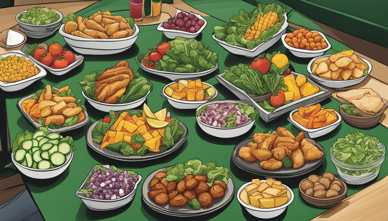 A variety of fresh vegetable and fruit options displayed alongside grilled chicken and salad at a Wingstop restaurant