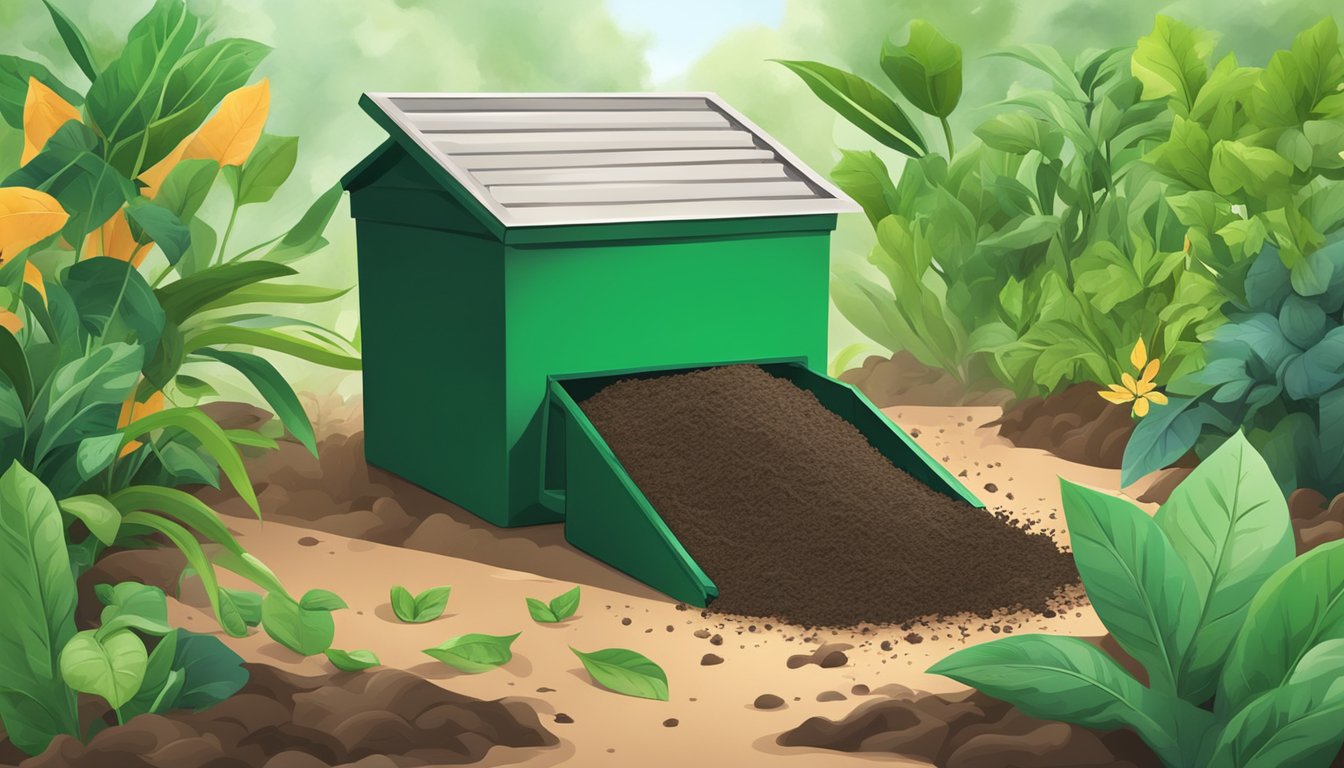 A compost bin with incense ashes being mixed into the soil, surrounded by green plants and organic waste