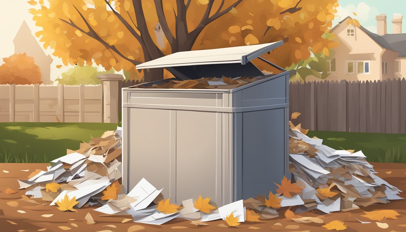 A pile of junk mail envelopes and paper scraps arranged next to a compost bin in a backyard garden. Fallen leaves and twigs surround the pile