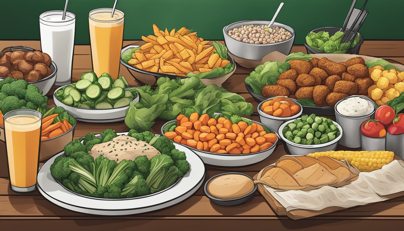 A table with a variety of fresh, colorful vegetables and lean protein options, alongside a menu of healthy choices at a Wingstop restaurant