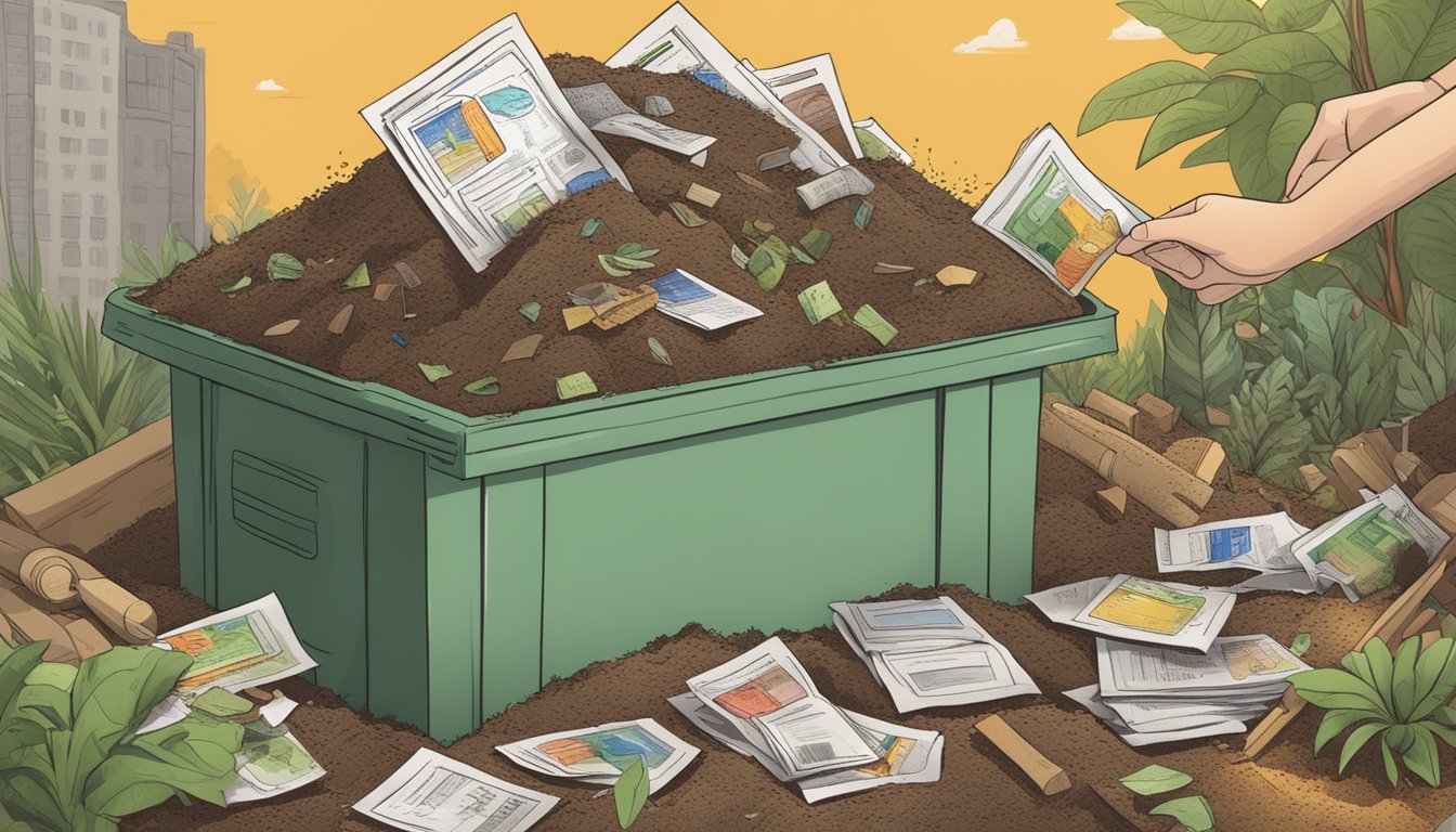 A person adding junk mail envelopes to a compost pile, surrounded by various organic materials and a pile of dirt