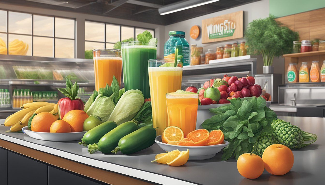 A colorful array of fresh fruits, vegetables, and beverages displayed on a clean, modern countertop at Wingstop