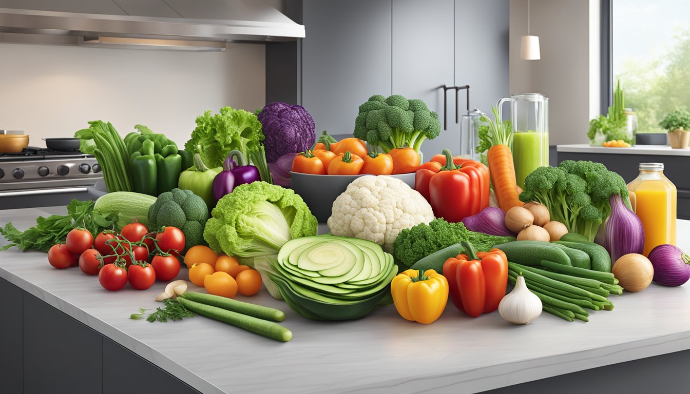 A vibrant array of fresh, colorful vegetables and lean proteins arranged on a clean, modern countertop