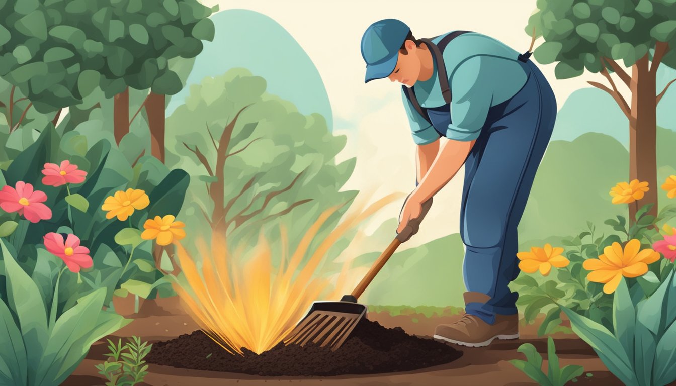 A gardener gently spreads compost over soil, including incense ashes for added nutrients