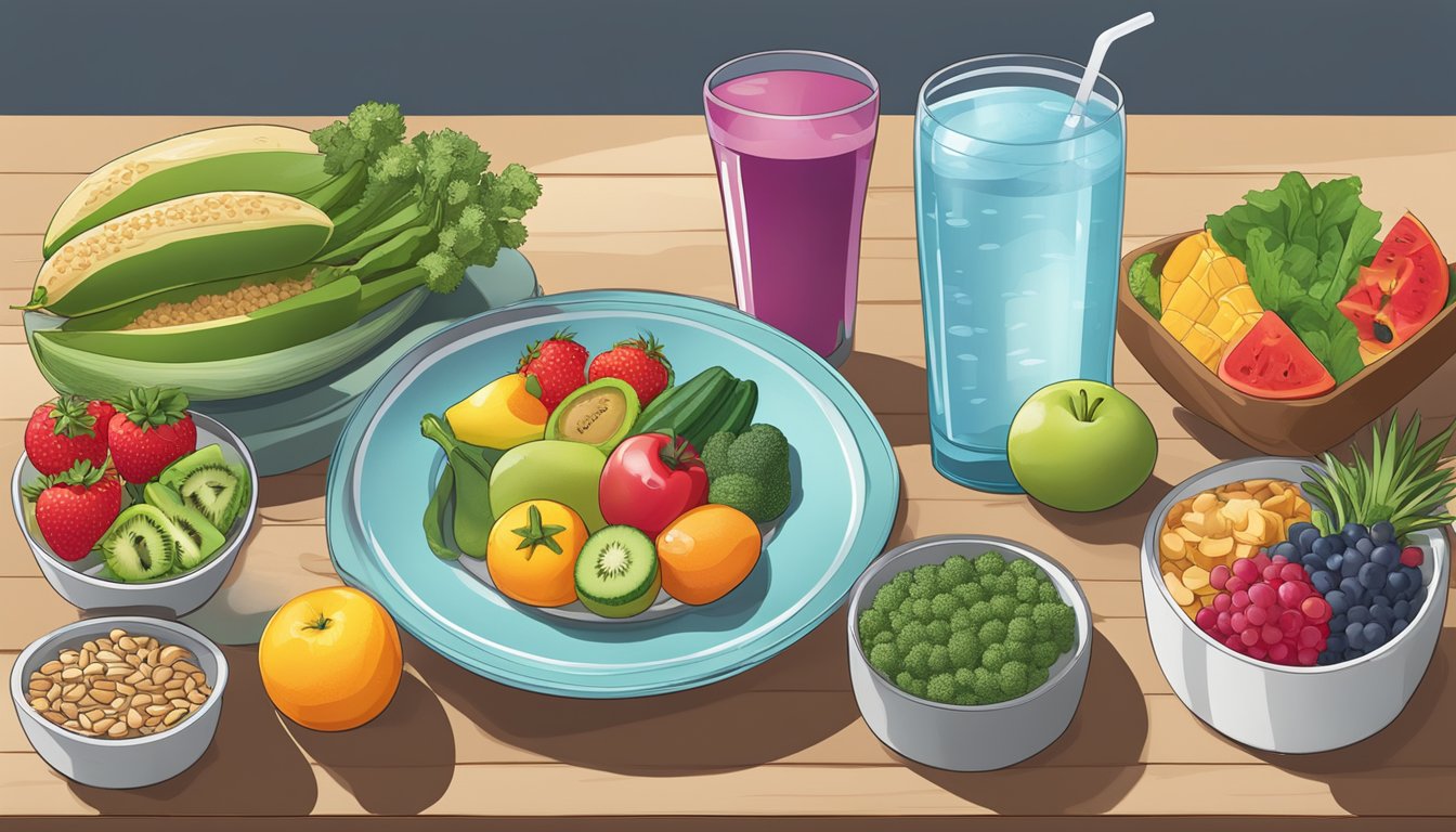 A colorful array of fruits, vegetables, whole grains, and lean proteins arranged on a table, with a glass of water nearby